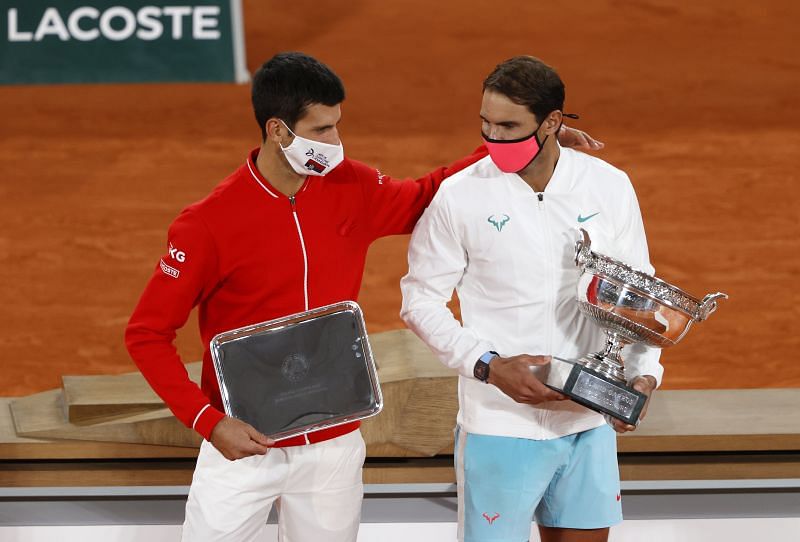 Runner-up Novak Djokovic (L) and winner Rafael Nadal at the 2020 French Open