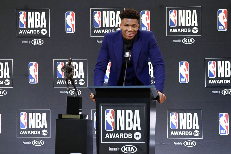 Giannis accepting his first MVP award in 2018.