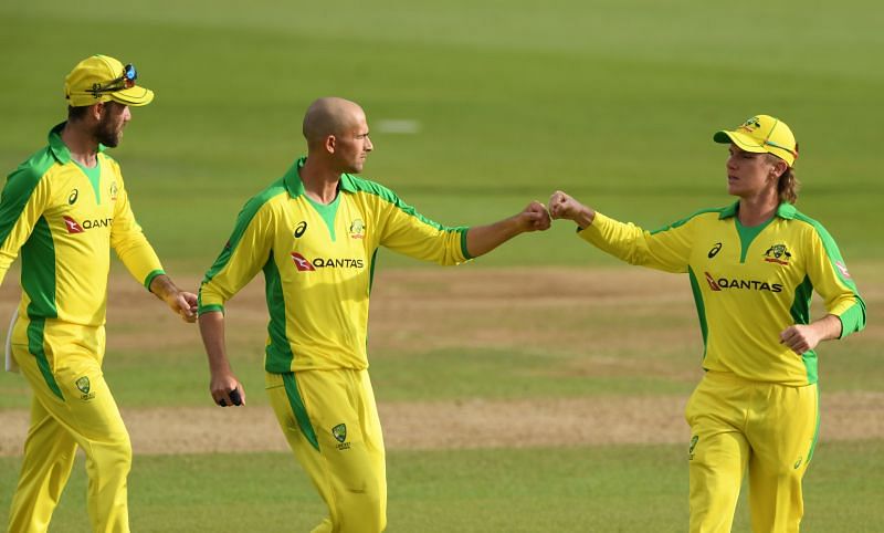 Ashton Agar (centre) in action during Australia&#039;s tour of England in September this year