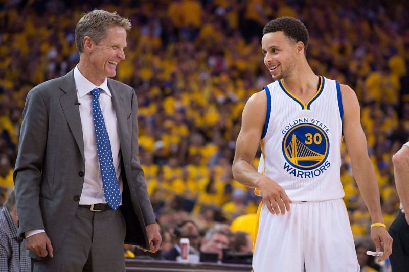 Warriors head coach Steve Kerr (left) and Stephen Curry (right)