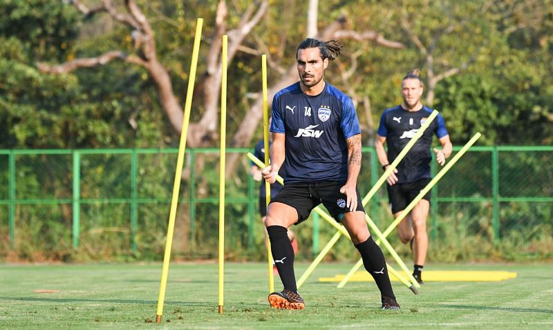 Bengaluru FC midfielder Dimas Delgado in training at the Dempo SC training facilities in Carambolim, Goa, on Friday.