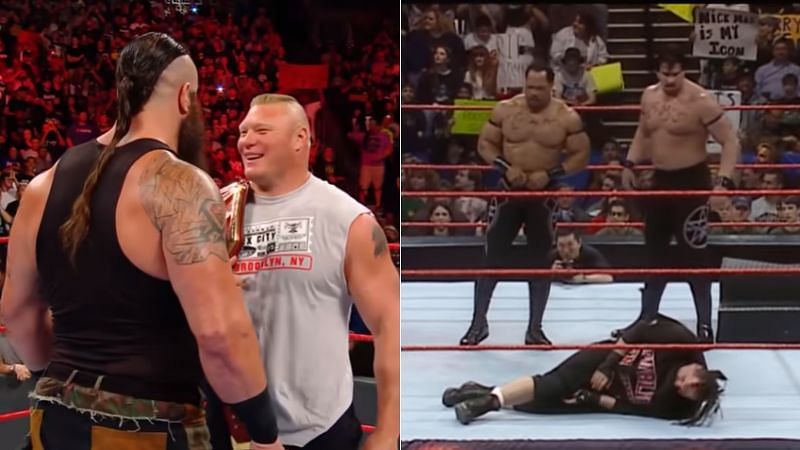 Braun Strowman and Brock Lesnar (left); The APA and The Public Enemy (right)