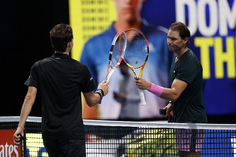 Dominic Thiem (L) and Rafael Nadal at the Nitto ATP Finals 2020