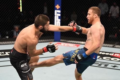 Justin Gaethje kicks Khabib Nurmagomedov