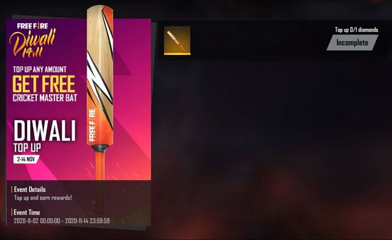 Free Cricket Master Bat skin from the Diwali top-up event in Free Fire: Beginners guide