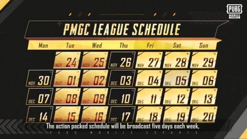 Match days of league stage of the PMGC 2020