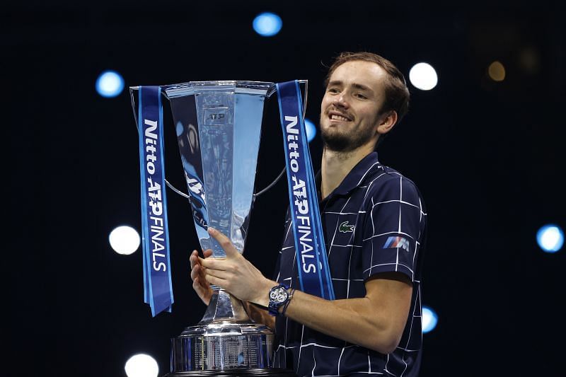 Daniil Medvedev with the winner&#039;s trophy after beating Dominic Thiem