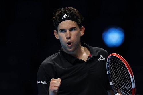 Dominic Thiem celebrates a point against Rafael Nadal