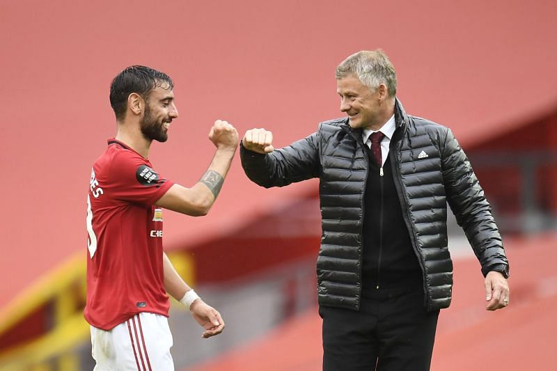 Bruno Fernandes celebrates with Manchester United manager Ole Gunnar Solskjaer 