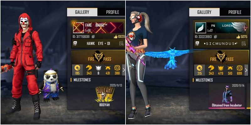 Free Fire IDs of both Badge 99 and Lorem