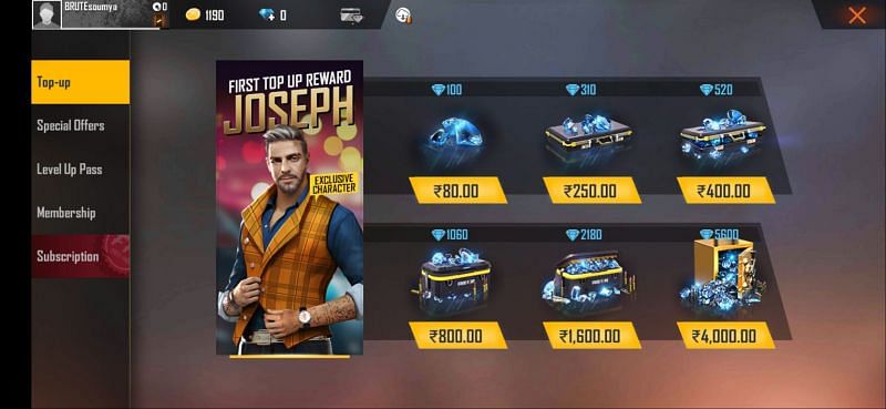 Diamond top-up purchase in Free Fire