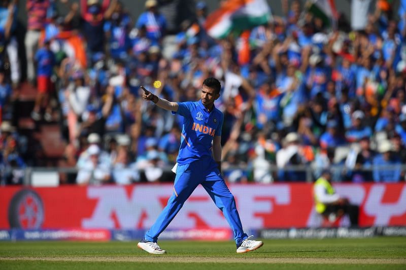 Yuzvendra Chahal reacts after picking up a wicket.