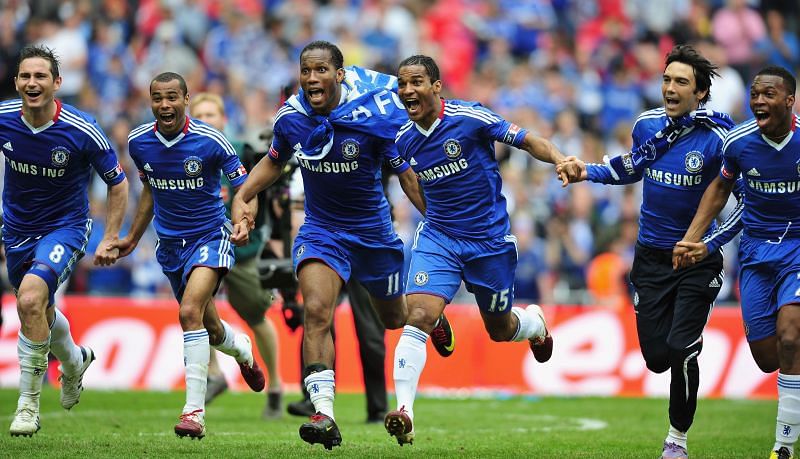 Frank Lampard, (extreme left), Didier Drogba (third from left), Florent Malouda