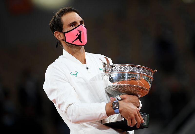 Rafael Nadal with the 2020 French Open trophy