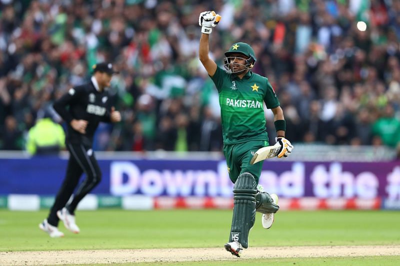 Pakistan&#039;s Babar Azam celebrates his match-winning hundred against New Zealand in World Cup 2019.