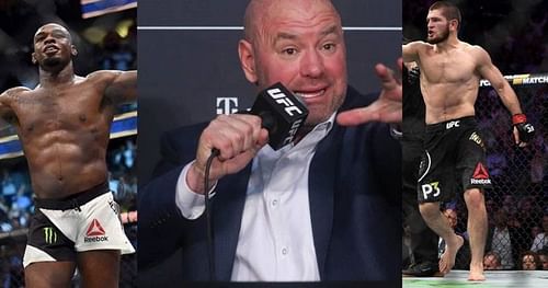 Jon Jones (left); Dana White (center); Khabib Nurmagomedov (right)