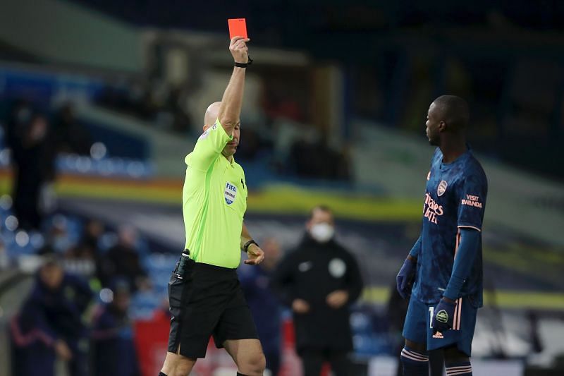Nicolas Pepe being shown the red card against Leeds United