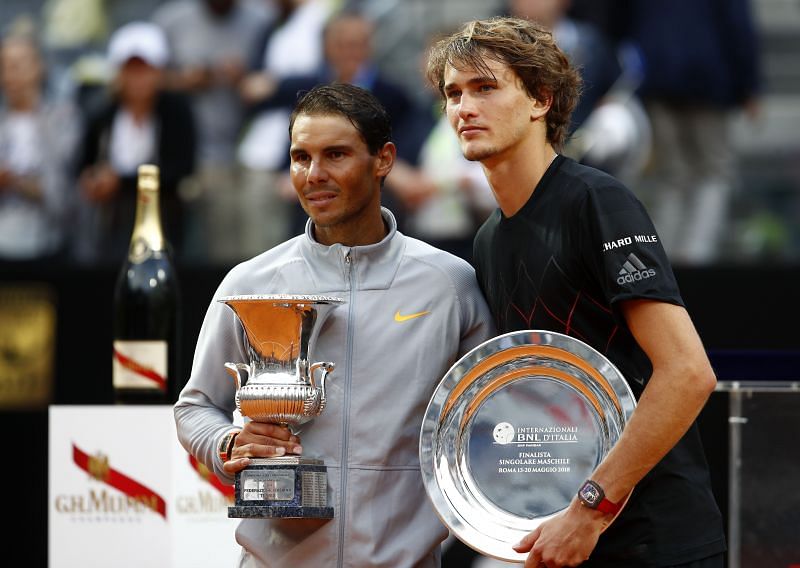 Rafael Nadal (L) and Alexander Zverev at Rome Masters 2018