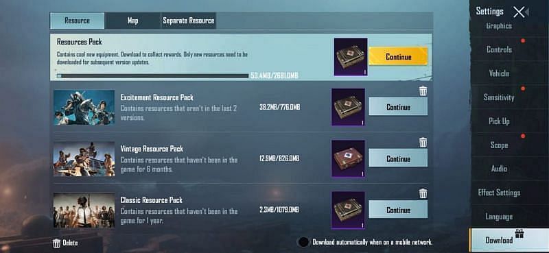 The &lsquo;Download&rsquo; tab in the in-game settings