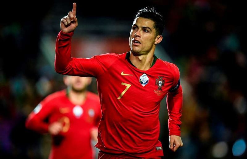 Cristiano Ronaldo rejoices after scoring against Lithuania.