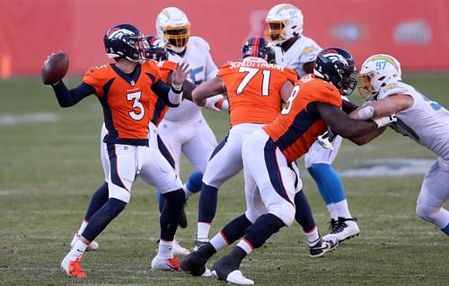 Denver Broncos QB Drew Lock hangs tough in the pocket against the Los Angeles Chargers