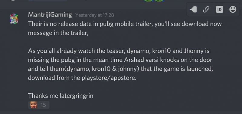 MantrijiGaming&#039;s message on the discord server of PUBG Mobile
