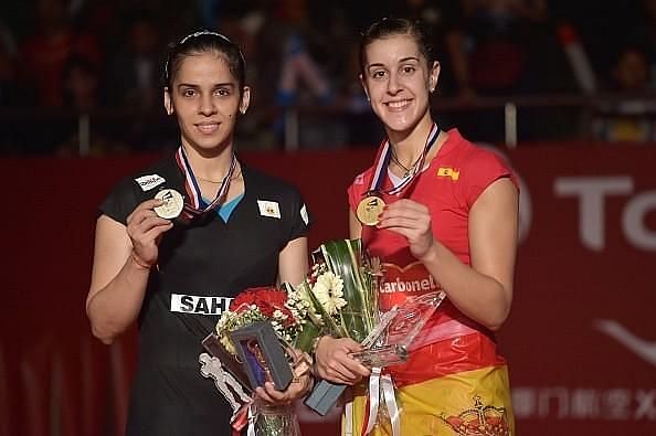 Saina Nehwal (left) and Carolina Marin at the 2015 World Championships