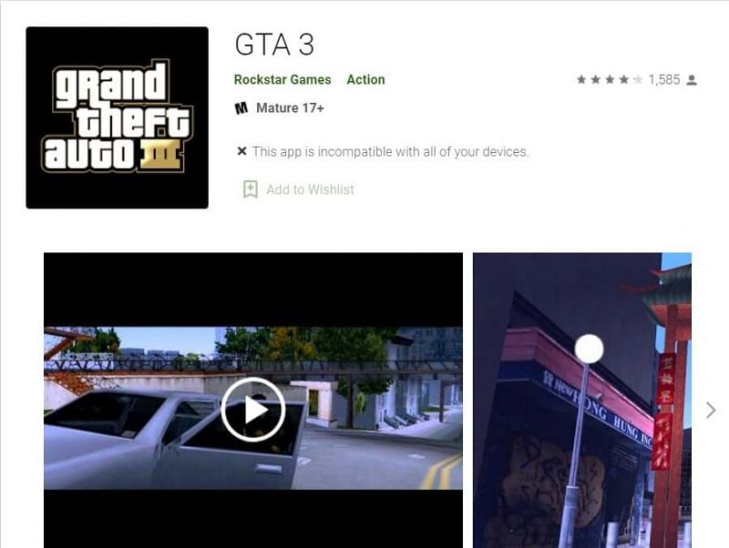 GTA 3 on the Google Play Store
