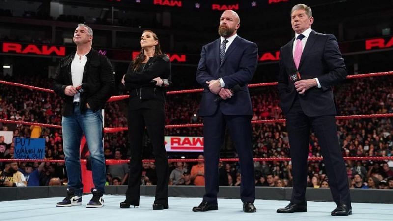The McMahon family in WWE; (from left) Shane McMahon, Stephanie McMahon, Triple H, and Vince McMahon