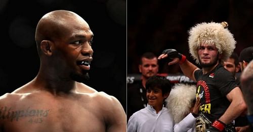 Jon Jones(L) attempts to rile up Khabib Nurmagomedov (R) fans