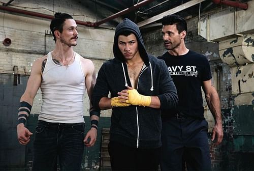 Jonathan Tucker, Nick Jonas, and Frank Grillo (L-R) in 'Kingdom'