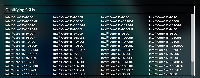 List of qualifying CPUs (Image via iFireMonkey)