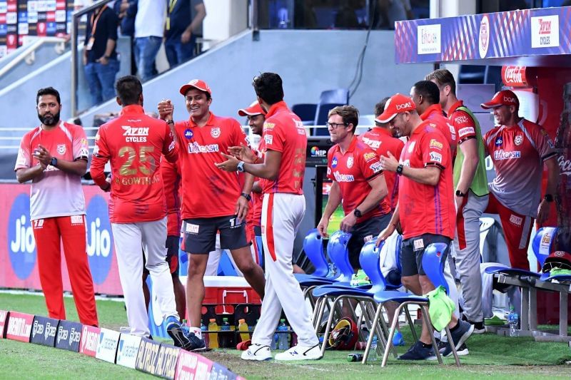 A happy Kings XI Punjab dugout after bowling out SRH for 114 runs