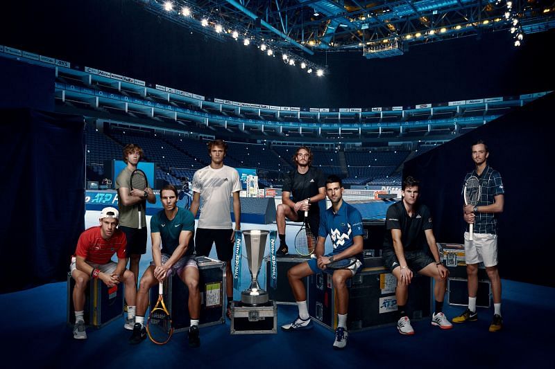 Diego Schwartzman , Andrey Rublev, Rafael Nadal, Alexander Zverev, Stefanos Tsitsipas, Novak Djokovic, Dominic Thiem and Daniil Medvedev at the ATP Finals