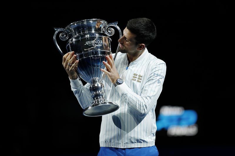 Novak Djokovic with the year-end World No. 1 trophy