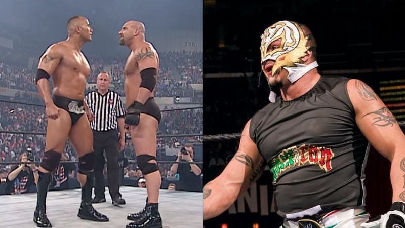 The Rock and Goldberg (left); Rey Mysterio (right)