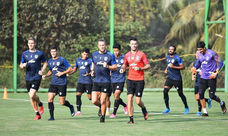 Bengaluru FC players in training at the Dempo SC training facilities in Carambolim, Goa, on Friday