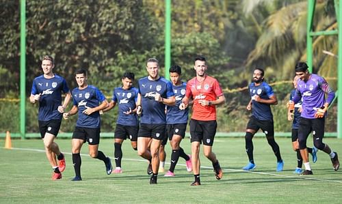 Bengaluru FC players in training at the Dempo SC training facilities in Carambolim, Goa, on Friday