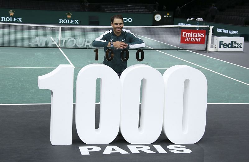Rafael Nadal celebrates his 1000th win on the Tour at the Rolex Paris Masters