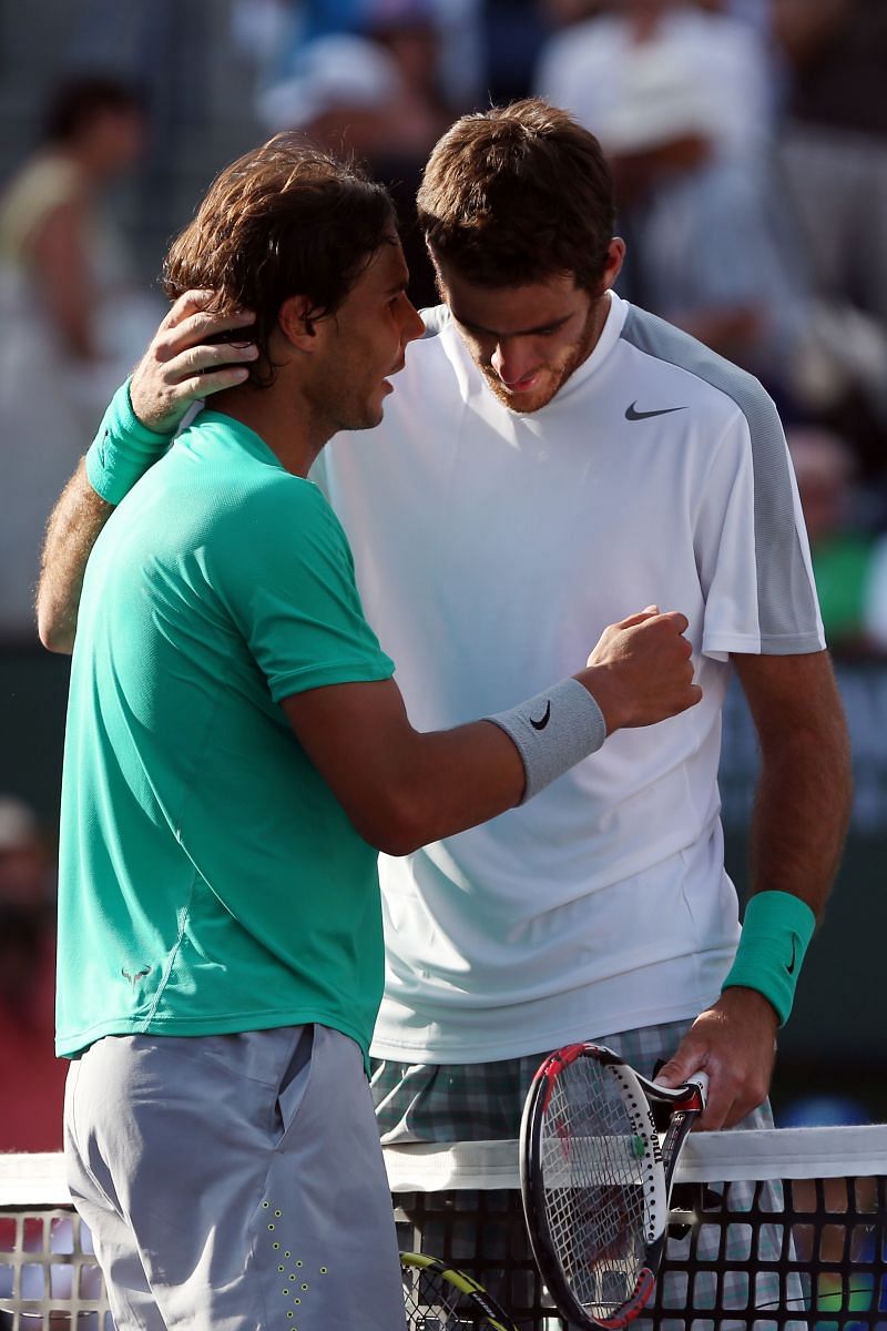 Rafael Nadal (L) and Juan Martin del Potro at the 2013 BNP Paribas Open Final