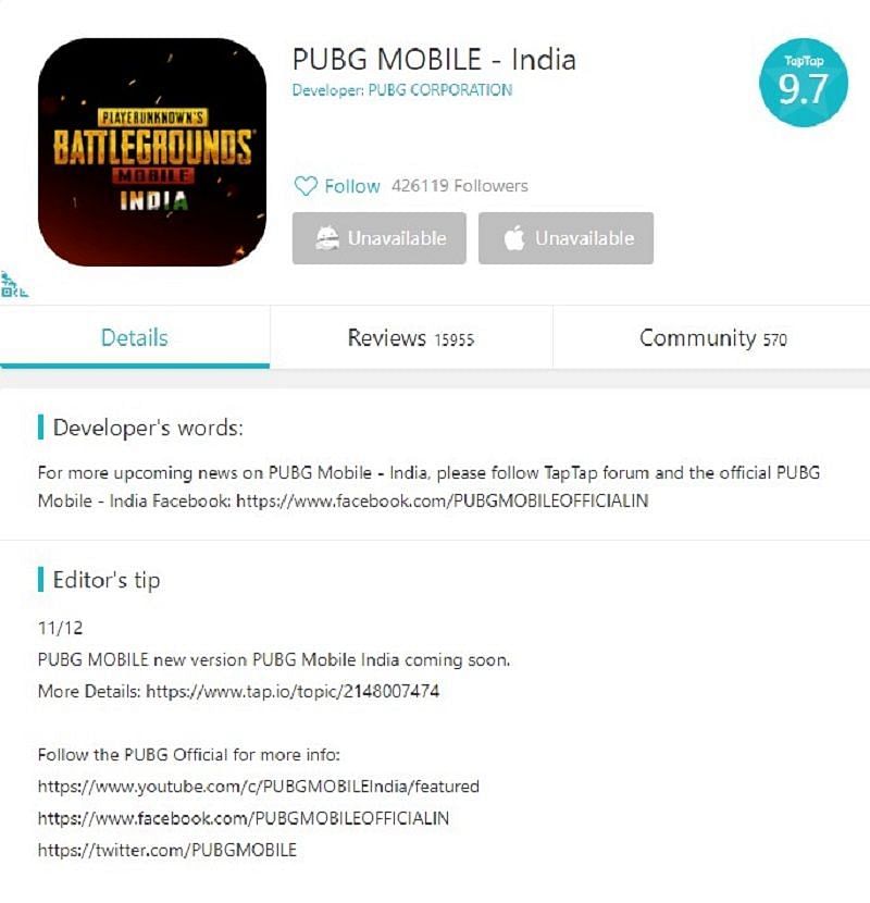 The unverified&nbsp;PUBG Mobile India page show the &ldquo;unavailable&rdquo; buttons on TapTap Store