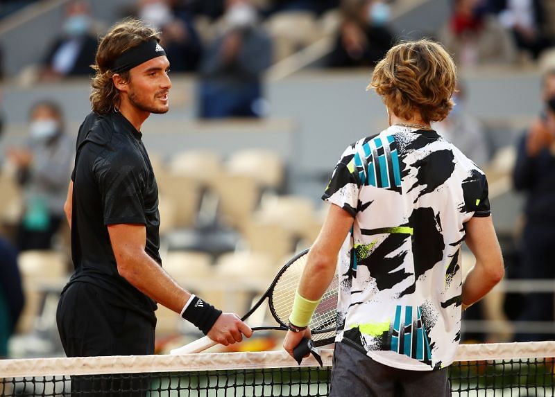 &nbsp;Stefanos Tsitsipas (L) meets Andrey Rublev at the 2020 French Open