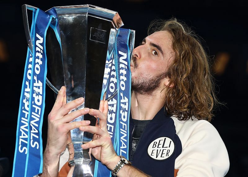 Stefanos Tsitsipas with the Nitto ATP Finals trophy in 2019