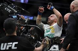 UFC featherweight champion Alexander Volkanovski reacts to Paul Felder making 155lbs on short notice