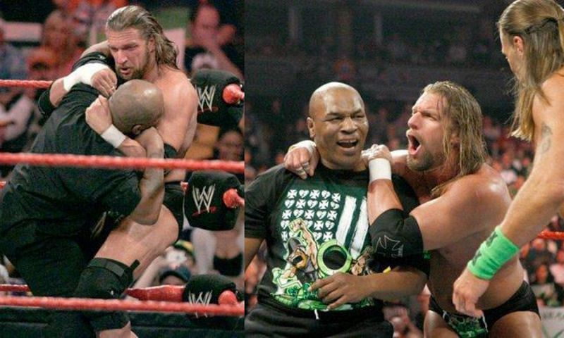 Mike Tyson and Triple H fight; Mike Tyson and Triple H with Shawn Michaels after their WWE match