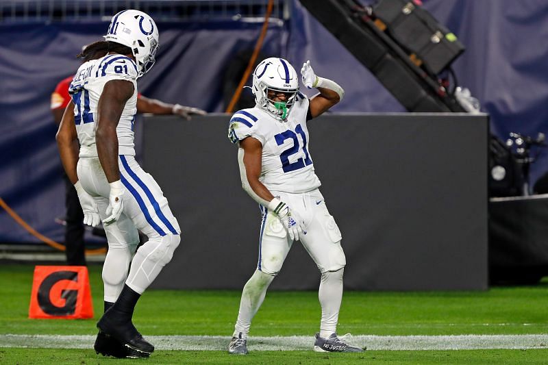 Indianapolis Colts RB Nyheim Hines celebrates a touchdown on Thursday Night Football.