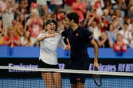 Belinda Bencic with Roger Federer at the 2019 Hopman Cup.