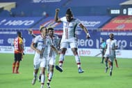 Roy Krishna celebrates after scoring the first goal in ISL's Kolkata Derby (Courtesy: ISL)