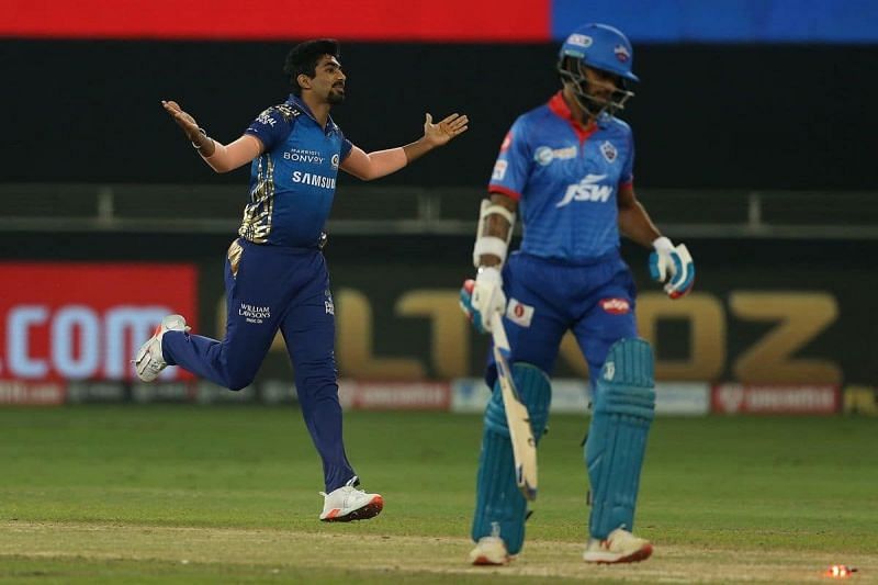 Jasprit Bumrah after dismissing Shikhar Dhawan in Match 41 of IPL 2020.