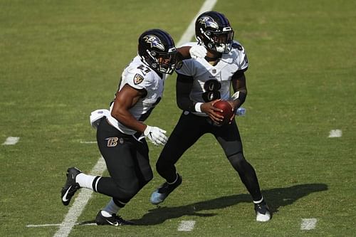 Baltimore Ravens QB Lamar Jackson and RB J.K. Dobbins